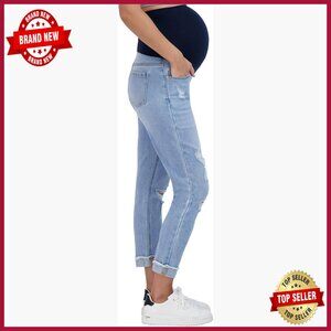 Maternity Boyfriend Jeans Over Belly Panel Straight Leg Ripped Denim